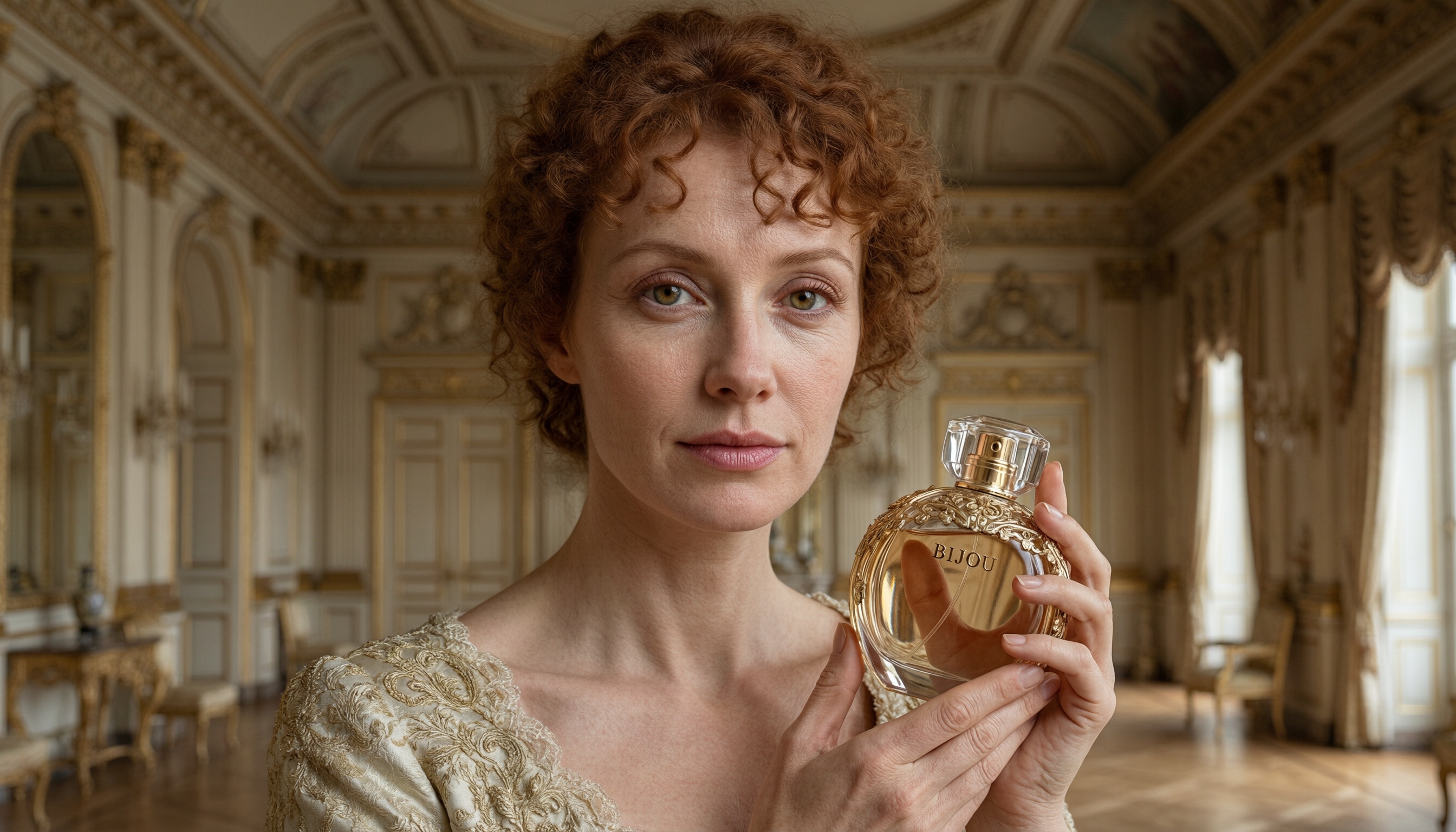 AI-powered commercial product photography — haute-couture model with fragrance